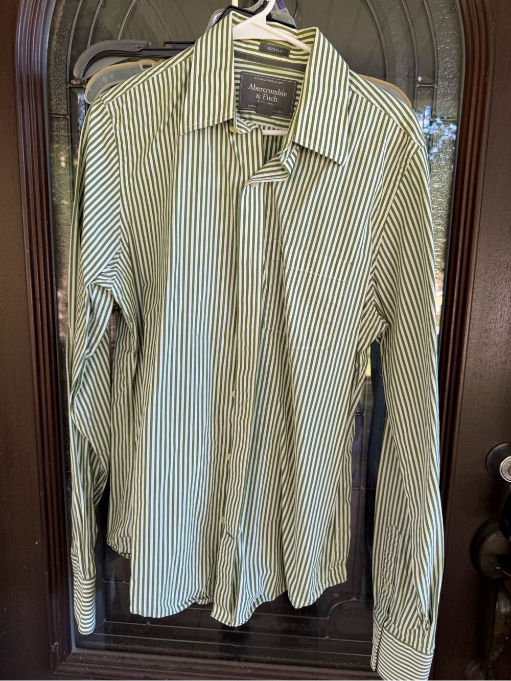 Abercrombie & Fitch Green and White Vertical Stripe Dress Shirt